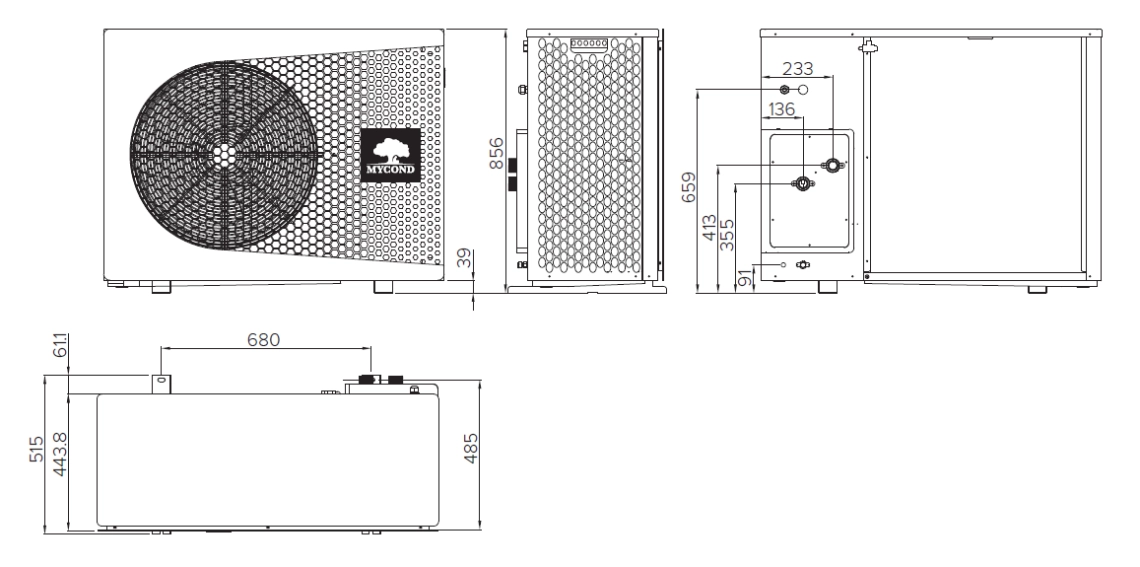 紧凑型 MyCond BeeThermic 一体式热泵尺寸示意图。