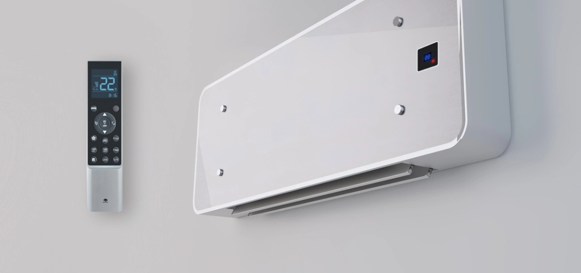 Silver glass wall fan coils enhance modern living spaces.