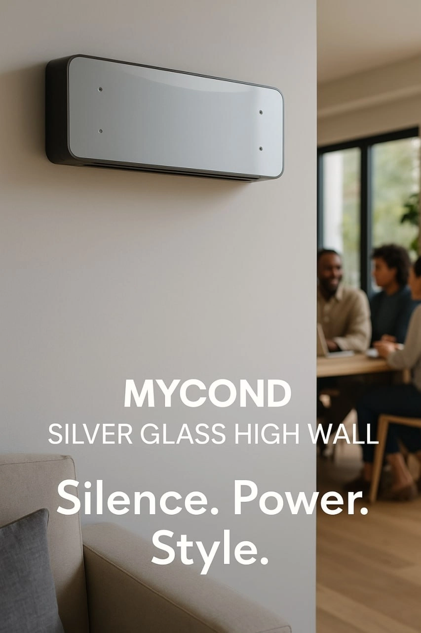 Silver glass wall fan coils in a contemporary home setting.