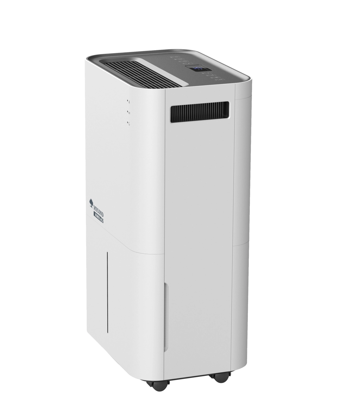 MyCond Roomer Eco 25 小型室内除湿机，配有现代化控制面板。