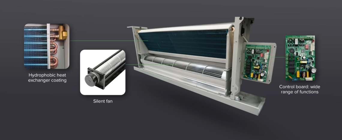 A modern silver glass wall fan coil enhancing a stylish home interior.